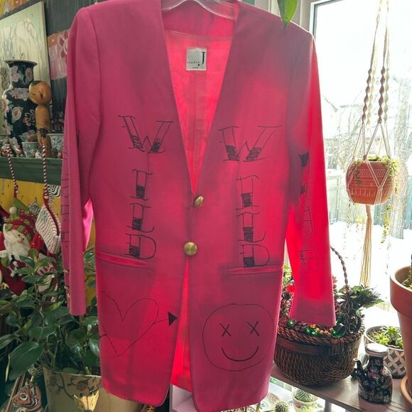 Studio J Cool Wool Pink Reworked Hand Drawn Blazer Vtg 90s - Picture 5 of 16